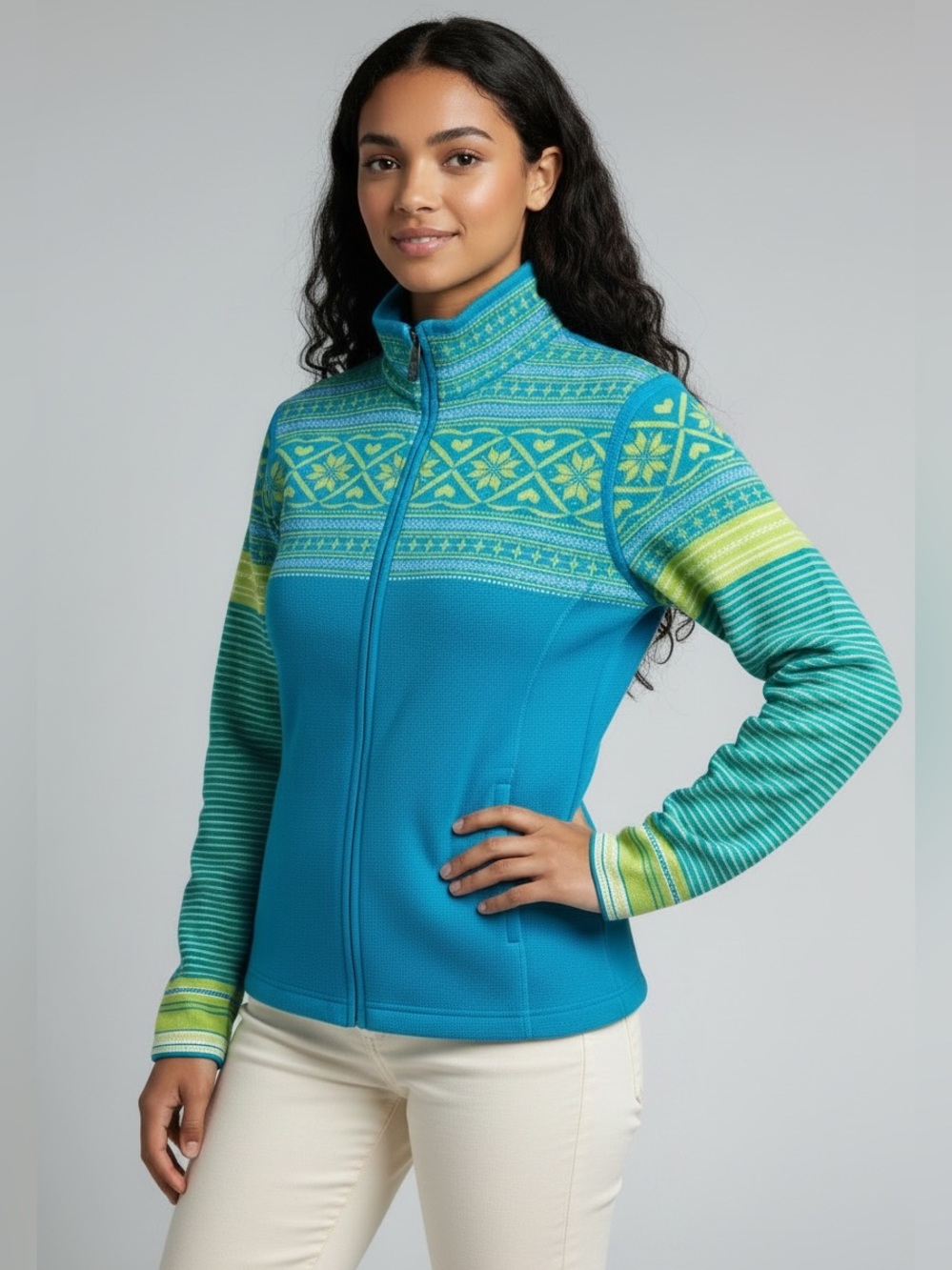 Obermeyer Teal & Lime Patterned Quarter Zip Women's Sweater Size L